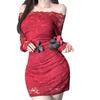 New one-word shoulder horn sleeve lace hollow dress women's slim waist temperament skirt hip skirt