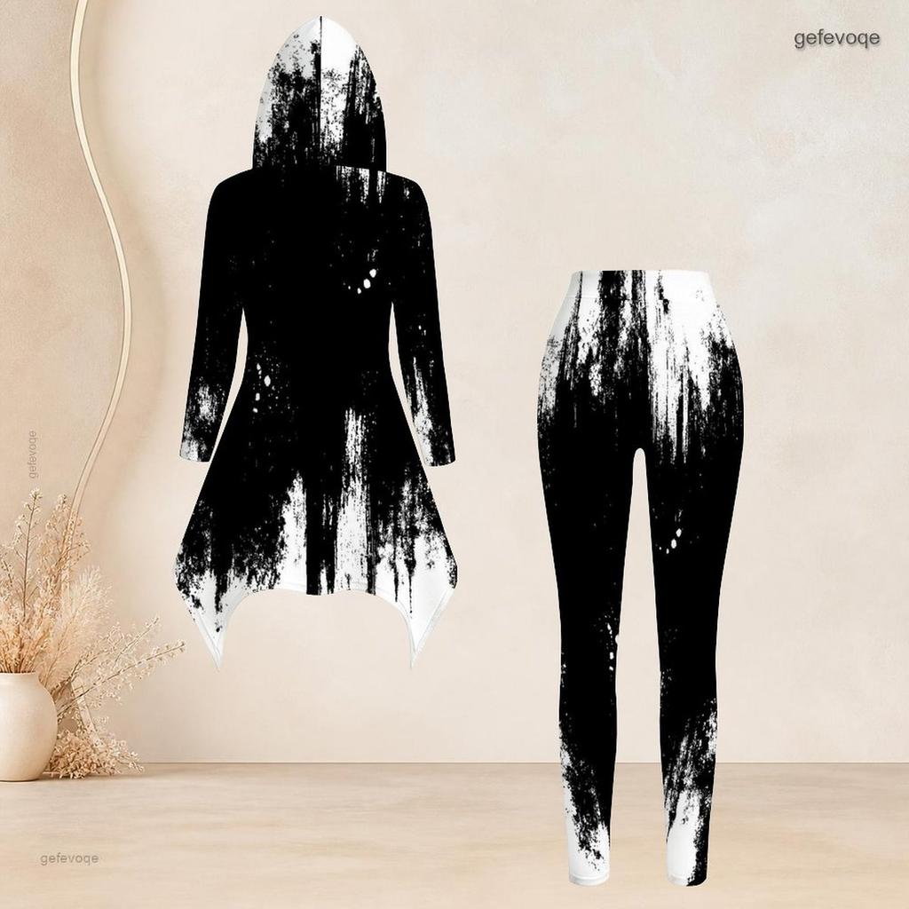 Women Plus Size Abstract Printed Hooded Long Sleeve High Low Top And Fitted Pants Two Piece Set