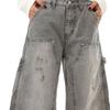 Mens Vintage Washed Grey Splatter Paint Wide Leg Denim Pants Loose Fit Straight Cut Low Rise