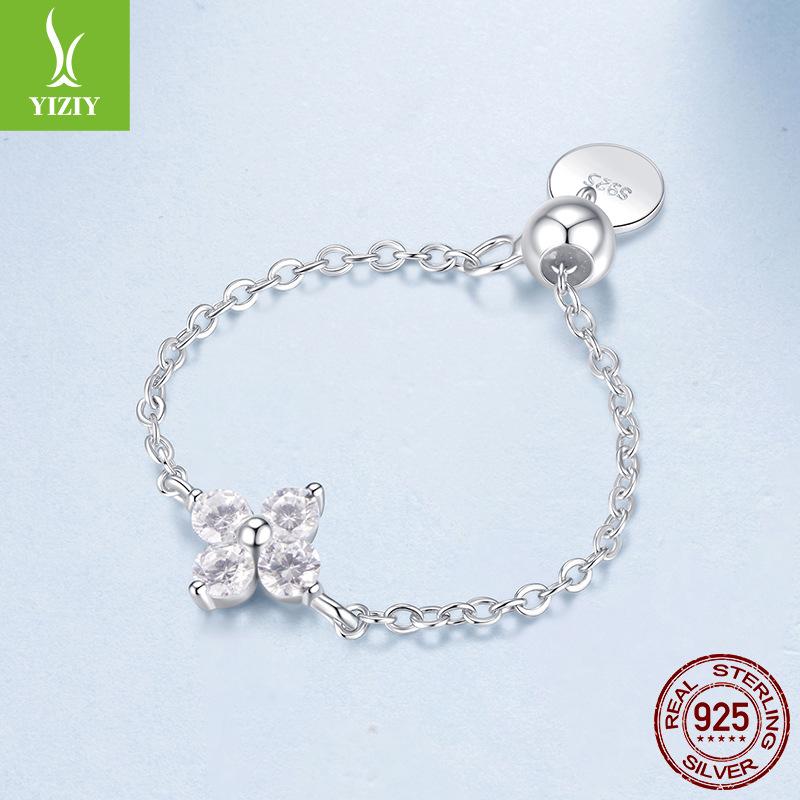 S925 Sterling Silver Four Leaf Clover Lucky Chain Ring Adjustable Cold Premium Wind Ring