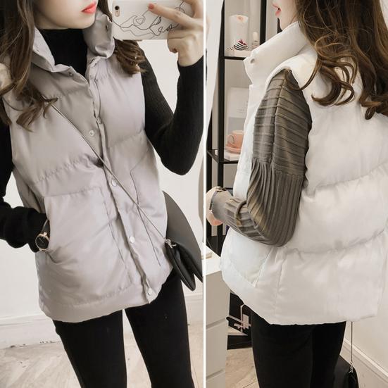 Women Cotton Vest Single-breasted Stand Collar Padded Thicken Solid Color Keep Warm Neck Protection Sleeveless Vest
