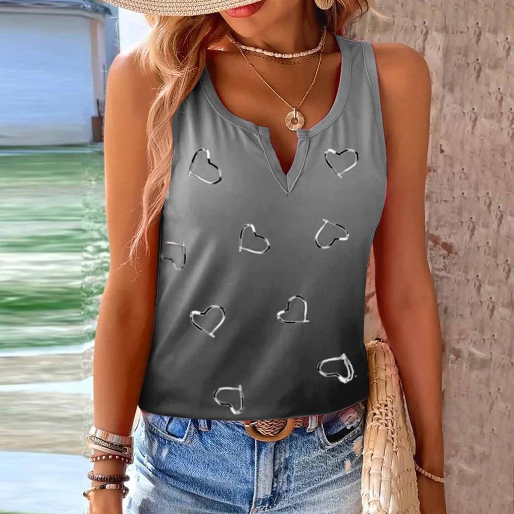 Новая женская мода Летние майки без рукавов Камисоль V-образный вырез Блузки Рубашки с принтом Свободные