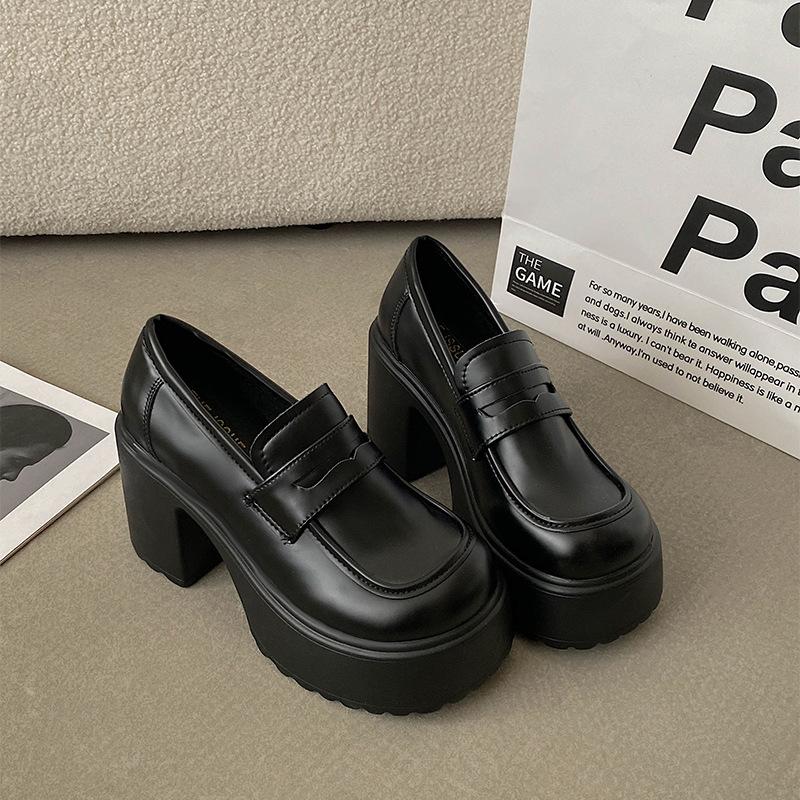 Туфли женские кожаные на платформе с одной педалью, в стиле ретро-колледжа, с круглым носком, черные, летние, на высоком каблуке, универсальные, в британском стиле