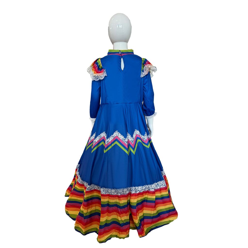 Детское длинное платье в мексиканском стиле с длинными рукавами и круглым вырезом.