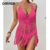Women's Beach Holiday Sexy Hand Crochet Tie Strap Hollow Long Fringe Cover Up Short Top