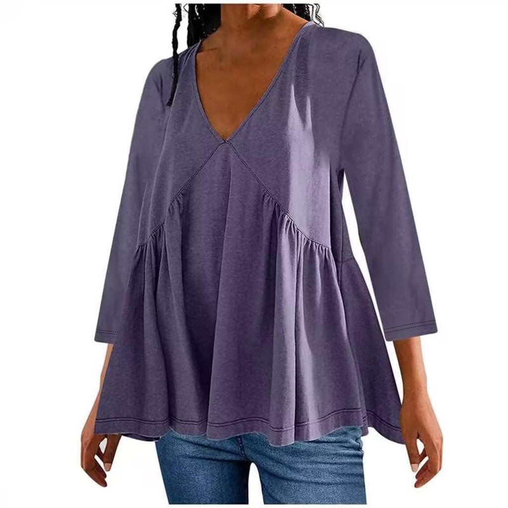 Women's Fashion Casual Solid Colour V-Neck Seven Sleeve Dress T-Shirt Top