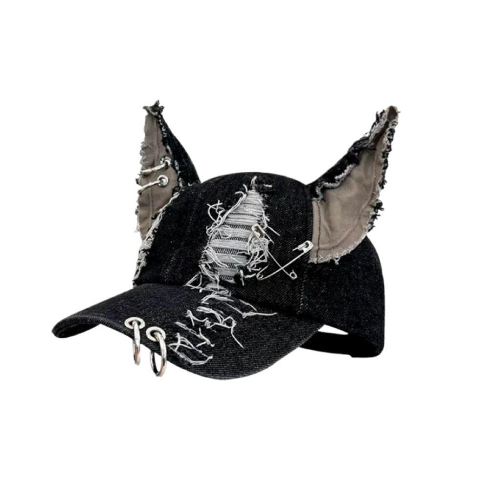 Rabbit Ripped Denim Baseball Cap Puppy Bunny Ears Snapback Cap Chains Doberman Ears Hat Girl