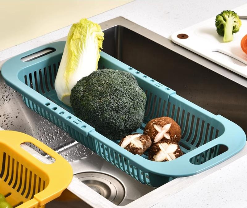 Kitchen Retractable Drain Basket Tableware Storage Racks Fruits Vegetables Cleaning Basin Plastics Water Channel Drain Basket