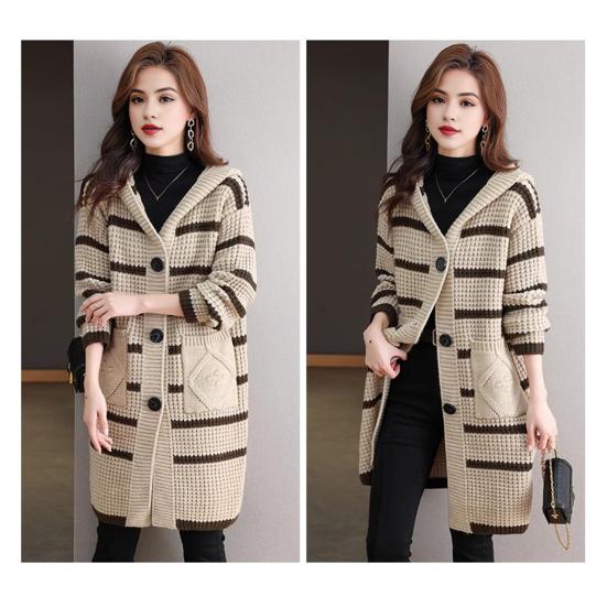 Женское вязаное пальто с капюшоном, длинным рукавом, полосатым принтом, свитер, пальто с карманами, свободный