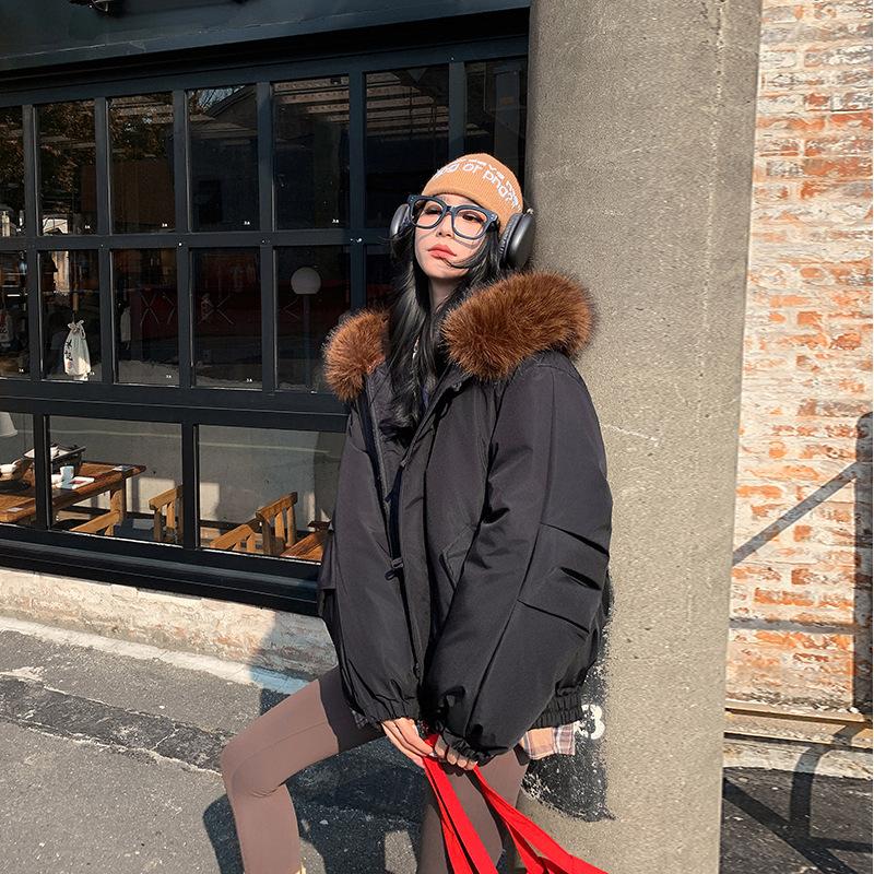 Hong Kong and Macao wind down cotton clothes women's big fur collar new cotton clothes horn buckle pie to overcome winter cold jacket women
