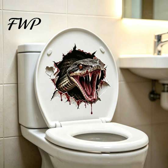 Humorous Bathroom Accessories 3D Viper Toilet Seat Sticker, Realistic Snake Decal, Waterproof PVC Adhesive Prank Decal Wall Art for Tank, Funny Creepy