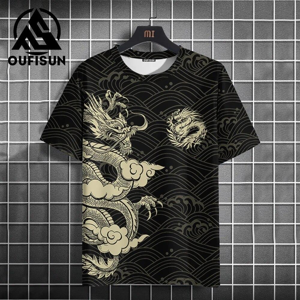 Летняя мужская футболка с дизайном дракона и принтом, модная повседневная футболка с короткими рукавами, повседневная уличная одежда, пуловер большого размера с круглым вырезом, футболка