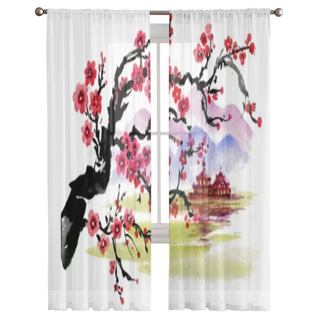 Японские прозрачные оконные шторы с вишневым деревом для гостиной, спальни, современная вуаль, тюлевые шторы, тканевые шторы для кухни