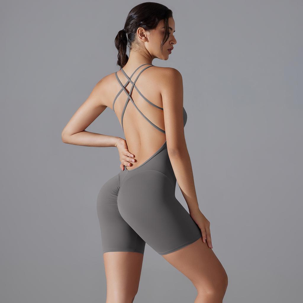 Auroth Back Cross Yoga Bodysuit Women Shorts One Piece Fitness Romper Outdoor Running Sports Jumpsuit