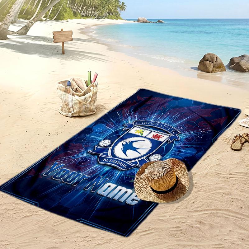 Cardiff City Personalized Printed Beach Towel Soccer Logo Support Custom Name Text Absorbent Towel For Sport Travel Special Gift
