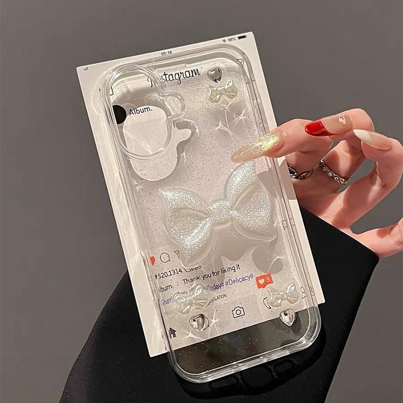 Чехол для телефона Bow Love Water Diamond Sparkling Pink для IPhone 17 Promax, капля клея для Apple 15, прозрачный 14, женский