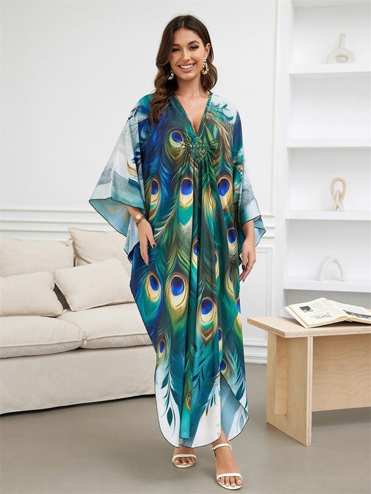 EDOLYNSA 2024 Green Peacock Plume Printed Beach Dress V-neck Side Split Plus Size Kaftan Summer Boho Swimsuit Coverup For Women Cozy House Robe Q1588