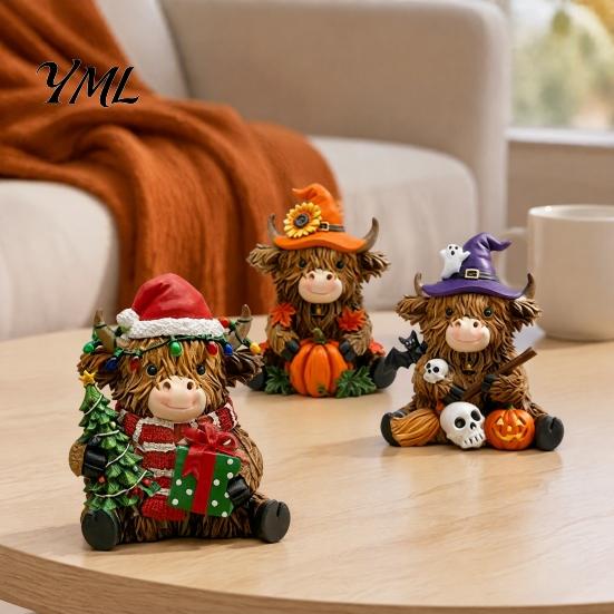 Small Decorative Figurines 3Pcs Highland Cow Figurine, Resin Yak Statues for Thanksgiving Christmas, Cute Entryway Farmhouse Tabletop Ornaments Shelf