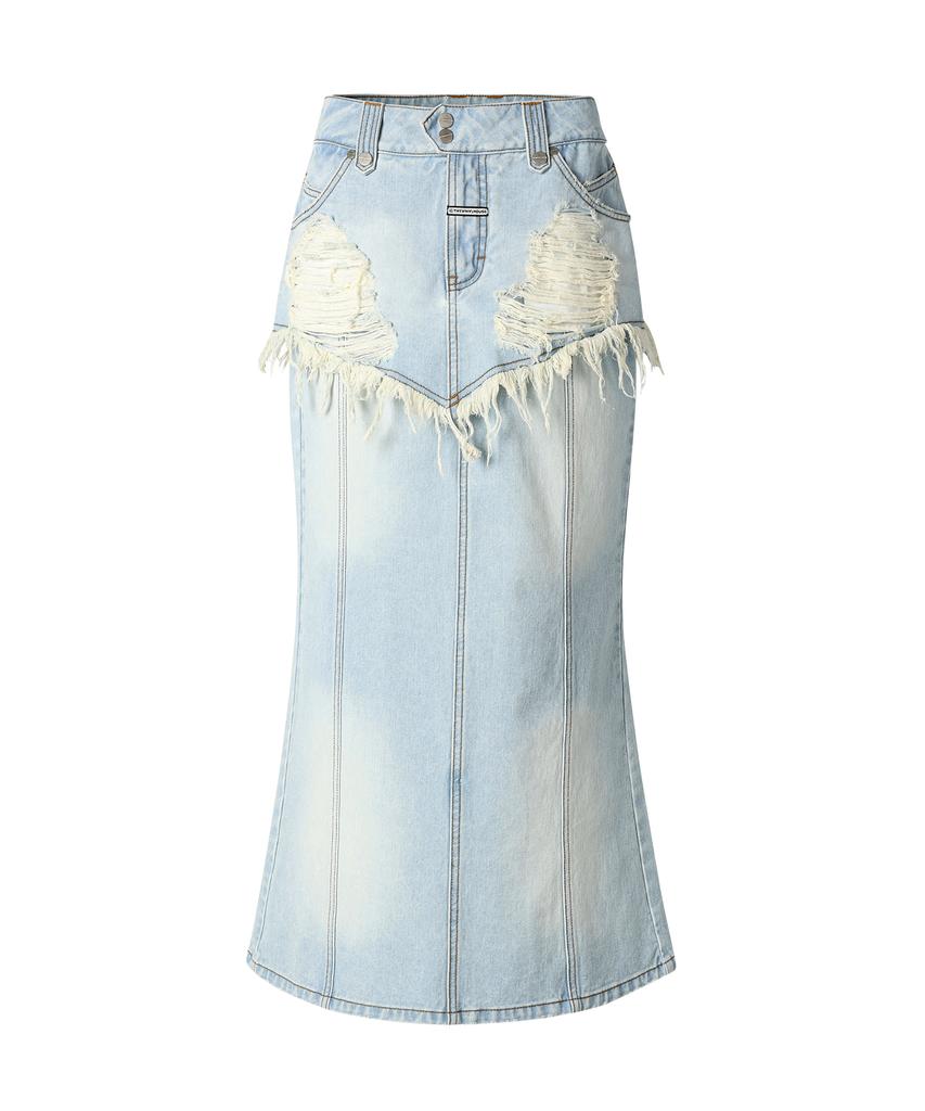 THEVINYLHOUSE Разрушенная Джинсовая Юбка Double Denim Светло-Синяя