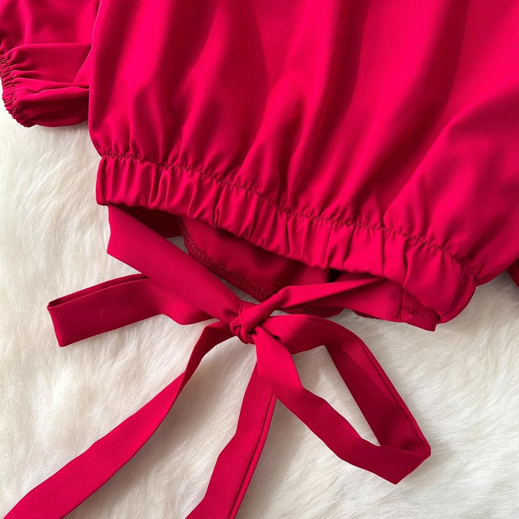 French Style Set with Women's Design Sense, Tie Up Waist, V-neck, Bubble Sleeve Shirt, High Waist, Big Swing Skirt, Two-piece Skirt Set