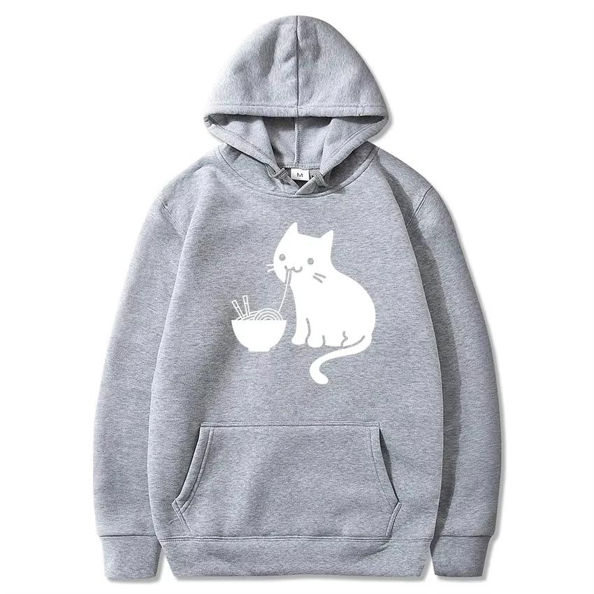 2025 Cute Cat Eating Ramen Pattern Print Pullover Hooded Sweatshirt Men's Street Outdoor Versatile Long Sleeve Comfortable