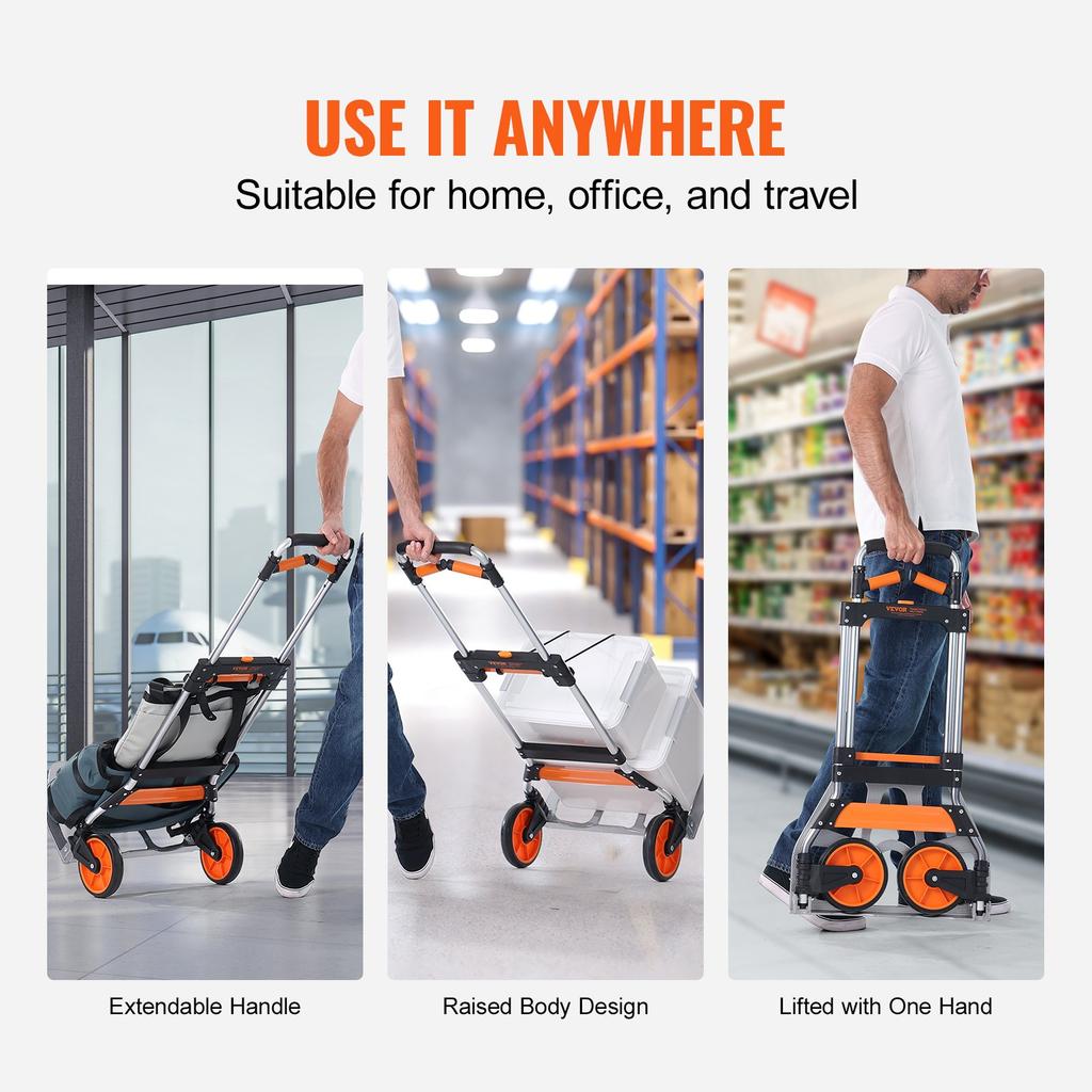 VEVOR Folding Hand Truck, 309 lbs Load Capacity, Aluminum Portable Cart, Convertible Hand Truck and Dolly with Telescoping Handle and PP+TPR Wheels
