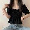 Summer New Korean Version Design Sense Niche Bubble Sleeves Waist Square Collar Short T-shirt Women