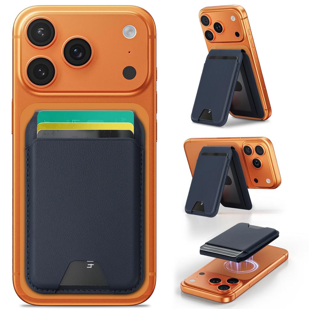 MagneticCard Holder Stand Leather Phone Back Wallet with Rotating Hinge Detachable Kickstand for iPhone Stick-on Desktop Stand for Credit Cards