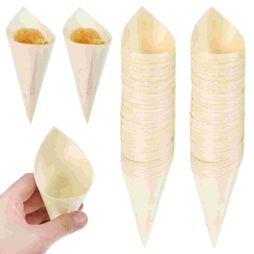 100 Pcs Cone Ice Cream Veneer Roll Mini Dessert Cup Wooden Cones Cake Boxes Food Plushies