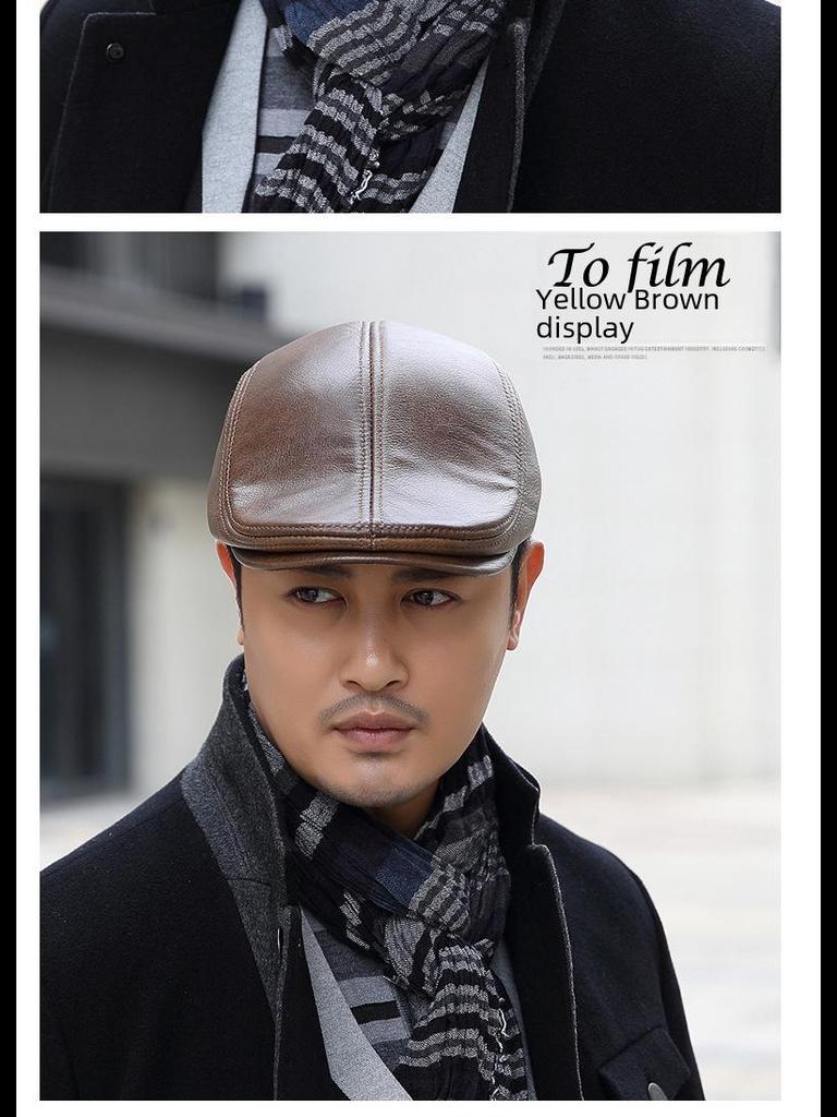 Men's Genuine Leather Duckbill Hat – Stylish, Warm, Thickened Cowhide Beret for Middle-Aged and Elderly (Autumn/Winter)