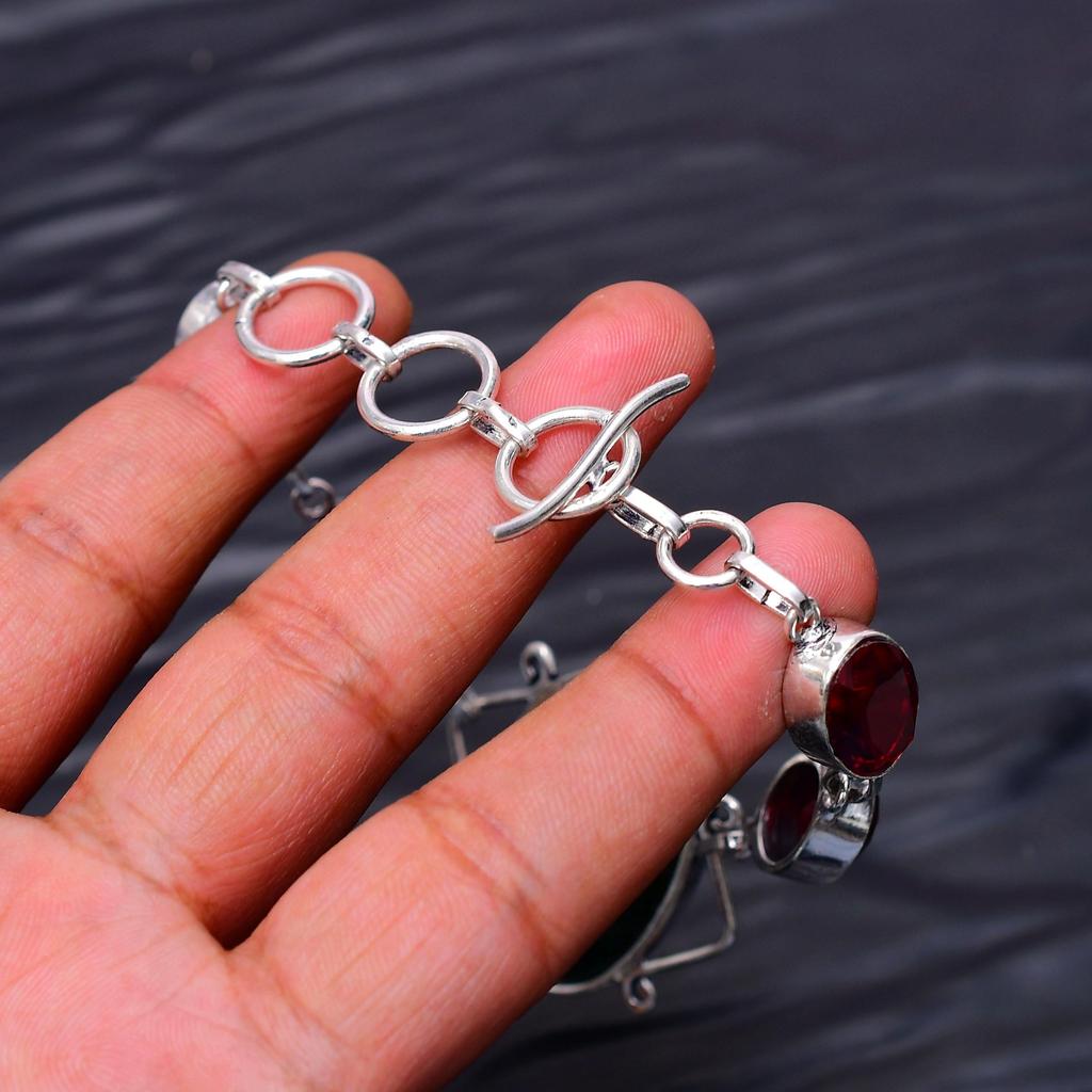 Blood Stone & Garnet Gemstone : 925 Sterling Silver Handmade Multi Gemstone Bracelet Jewelry