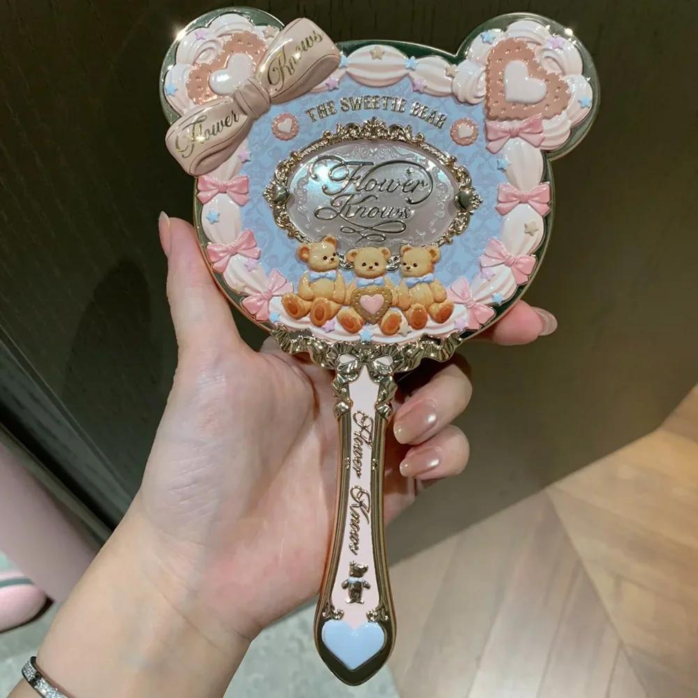 Flower Knows Лимитированная серия Pop-Up Store Пастельно-розово-голубая эстетичная ручная зеркальце с пуховкой и холщовая сумка-тоут для макияжа