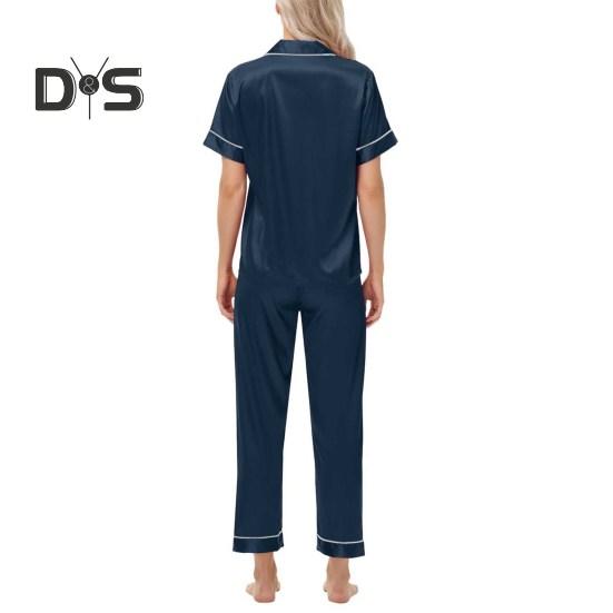 Пижамный костюм из 2 предметов, однобортный, из атласа, шелка, большого размера, кардиган, рубашка с V-образным вырезом, воротник-стойка, однотонная рубашка, широкие свободные брюки, ночная рубашка