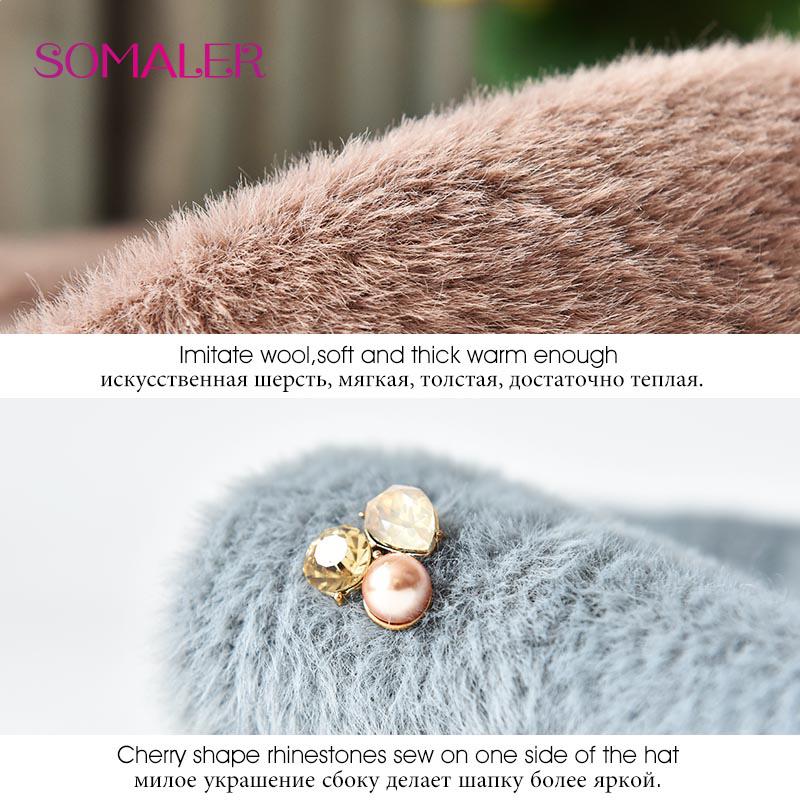 SOMALER Winter Hat for Women Thick Bonnet for Female Solid Color High Quality Rhinestone Cap New Beanie