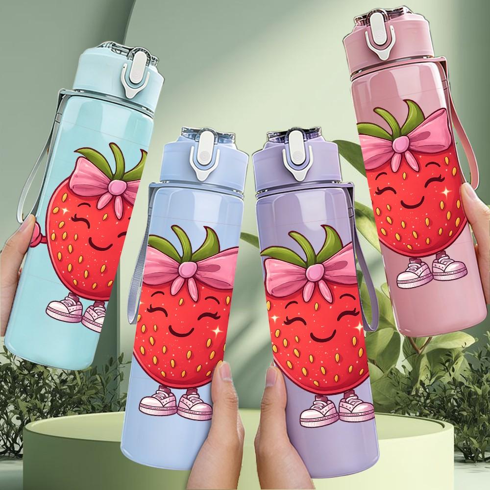 1PC Strawberry Fruit Cartoon Character Print 750ml Color Plastic Sports Water Bottle Leakproof Flip Straw Lid Suitable for Sports Office Home Use
