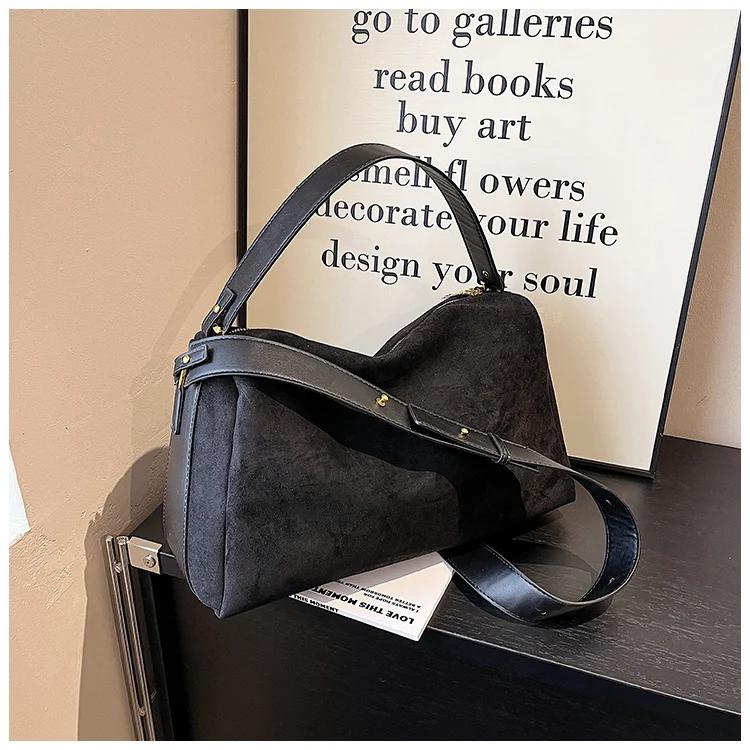 Style Fashion Zipper Solid Faux Suede Top-Handle Bag High Quality Large Capacity Simple Shoulder Bag