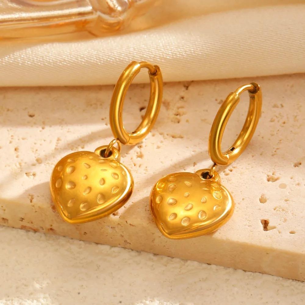 Temperament Sweet Inlay Zircon Gold Color Cherry Strawberry Pineapple Pendant Hoop Earrings for Women Stainless Steel Jewelry