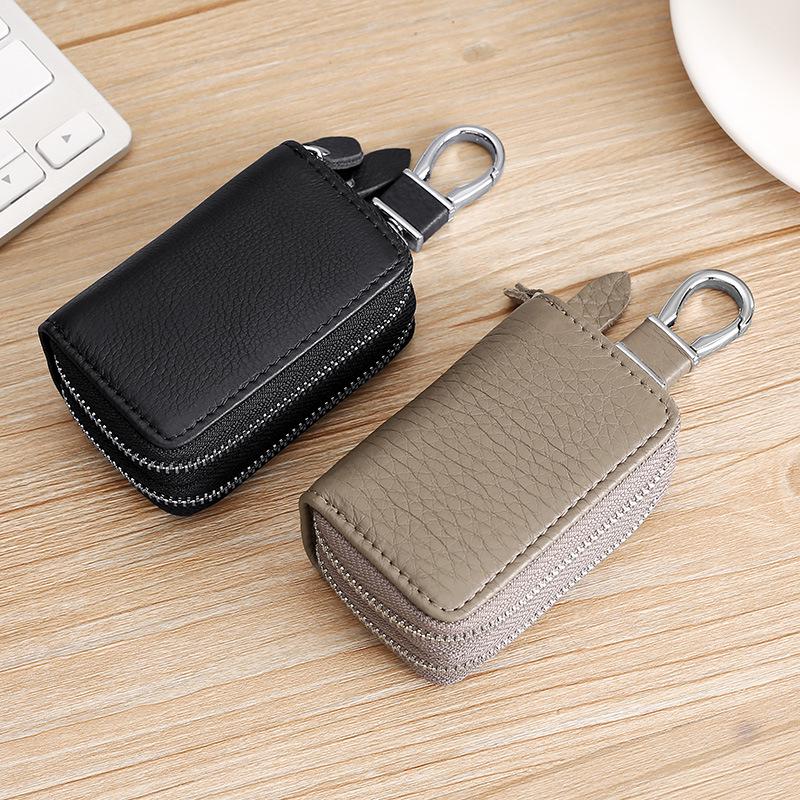 Genuine Leather Double Zipper Car Key Bag with Waist Hanging Key Chain for Men