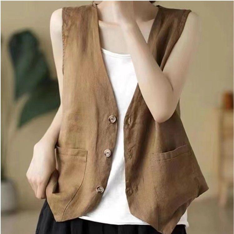 Женский льняной жилет Летний повседневный без рукавов Кардиган Куртка Свободный тонкий Повседневный жилет на пуговицах Женская уличная одежда Жилет Пальто