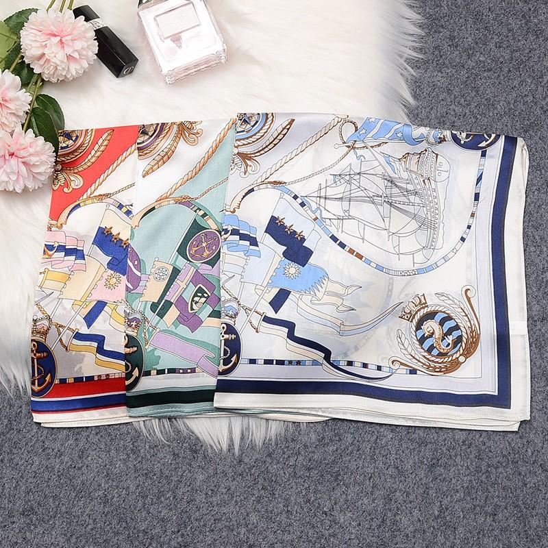 100% Pure Silk Small Square Scarf Women - Lightweight Neck With Nautical Sailboat Print Elegant Chic Wrap