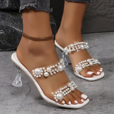Модные летние прозрачные сандалии с жемчугом, женские босоножки с кристаллами и стильными шлепанцами с одним словом и темпераментом