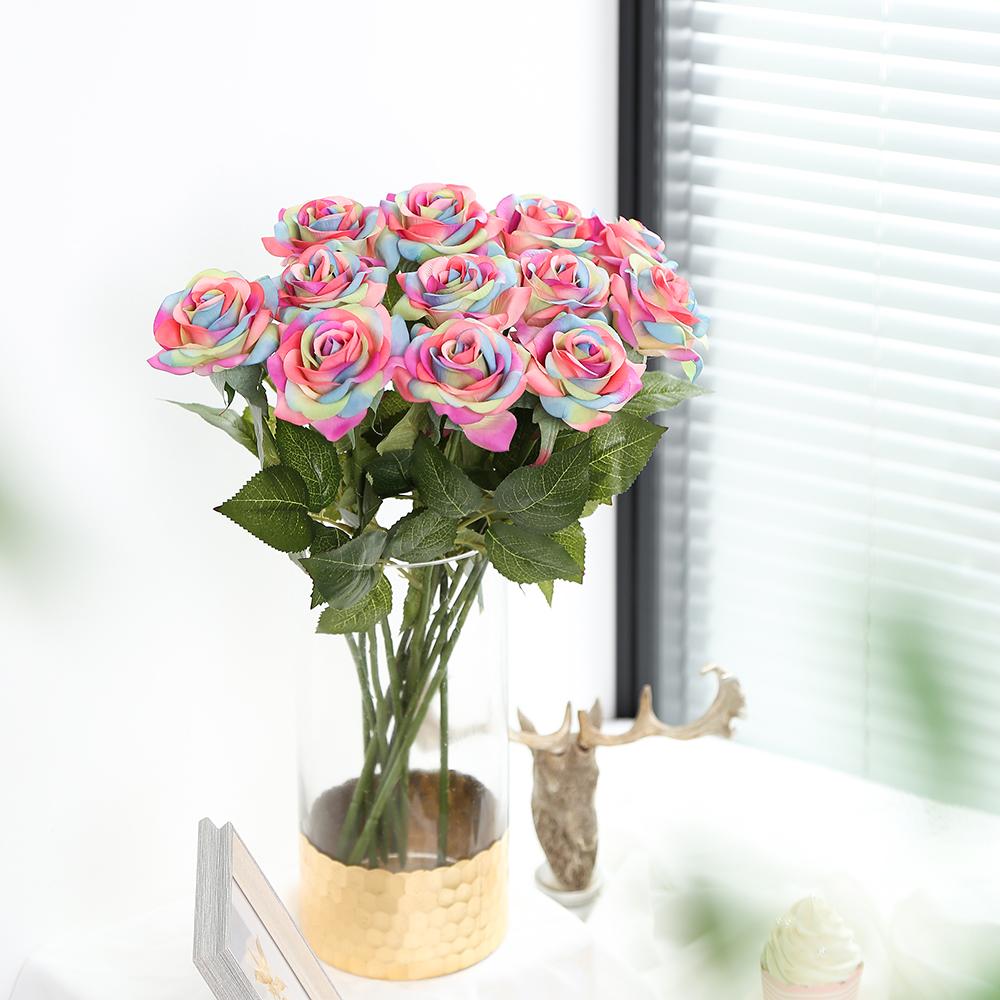 12 шт., искусственные розы ко Дню святого Валентина, радужная роза, настоящие радужные шелковые розы, искусственные розы для букетов, свадеб, вечеринок, детского душа, домашнего декора