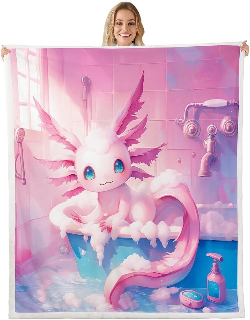 Cute Pink Axolotl Blanket Soft Fleece Throw Cherry Blossom Design Fantasy Art Kids Room Decor