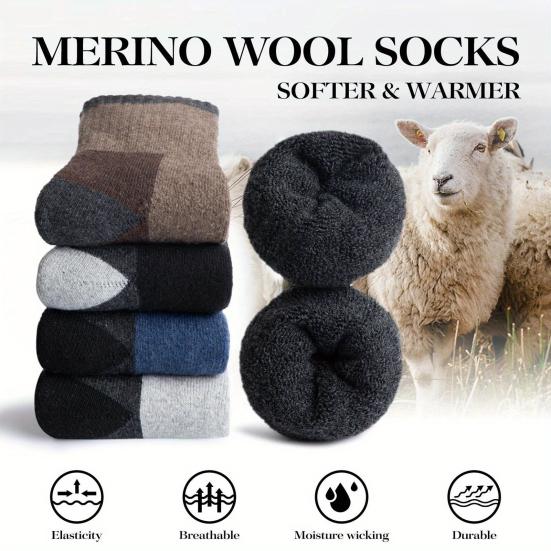 5 Pairs Men Warm Winter Socks Fleece Lined Crew Socks Color Block Thickened Thermal Socks for Daily Wear Street Work Sports