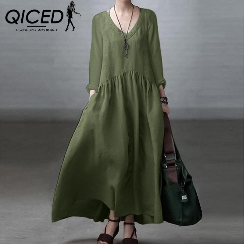 QICED Хлопковое повседневное женское платье с V-образным вырезом и длинным рукавом повседневные платья
