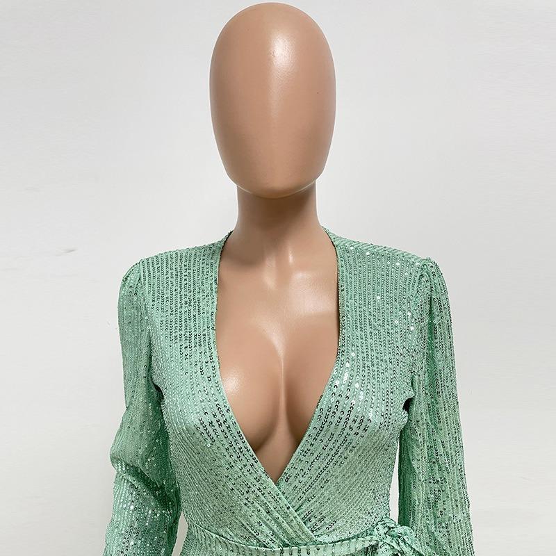 Женский модный комбинезон Hottie с длинным рукавом и глубоким V-образным вырезом и поясом с пайетками