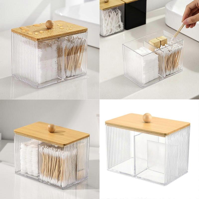 Sturdy Bathroom Storage Canister with Wood Lid Home Accessory for Organizing Cotton Swabs Covers Pads and Hair Bands  Clear