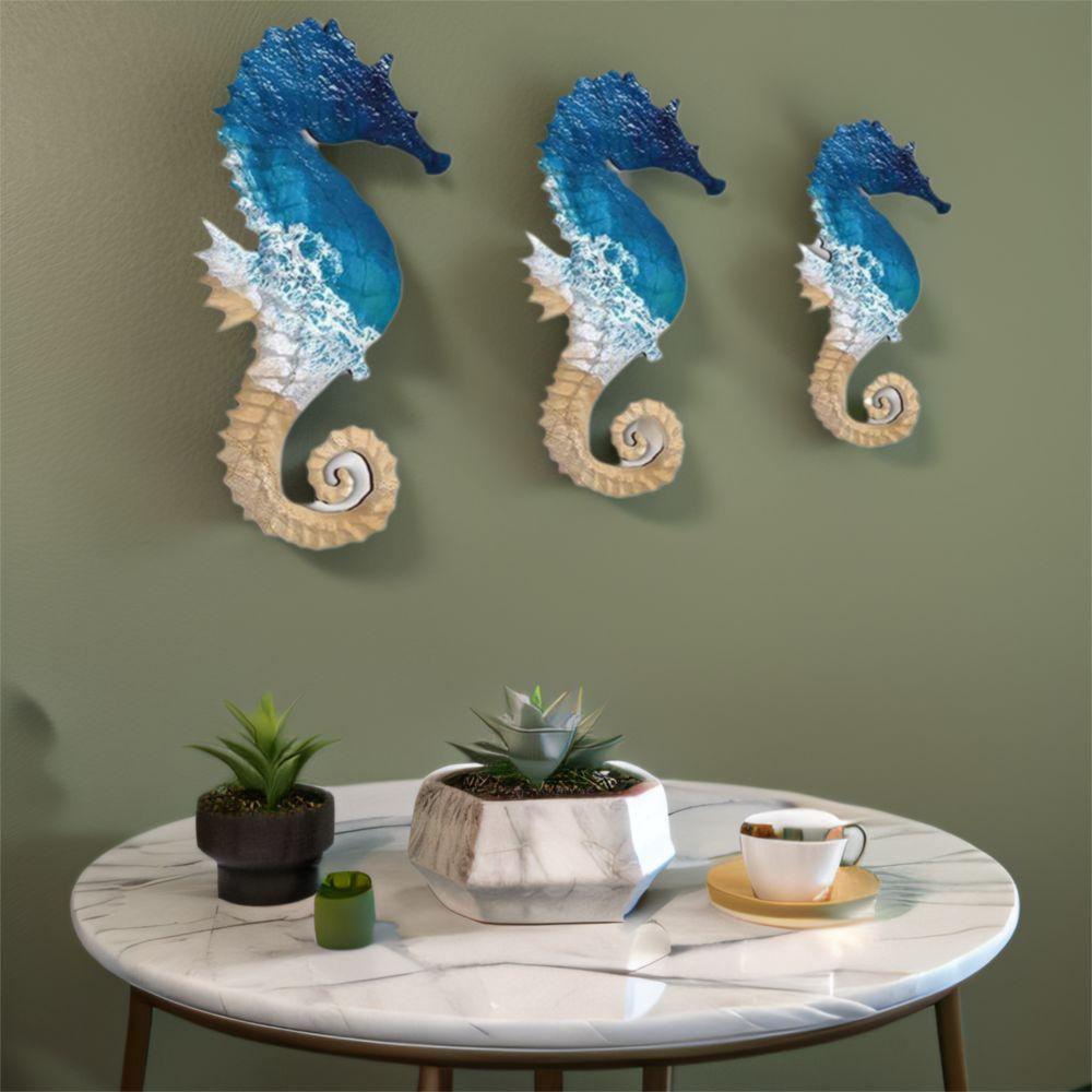 3pcs Wooden Seahorse Signs Pendant Hand Carved Ocean Animal Decoration For Living Room Bedroom Home