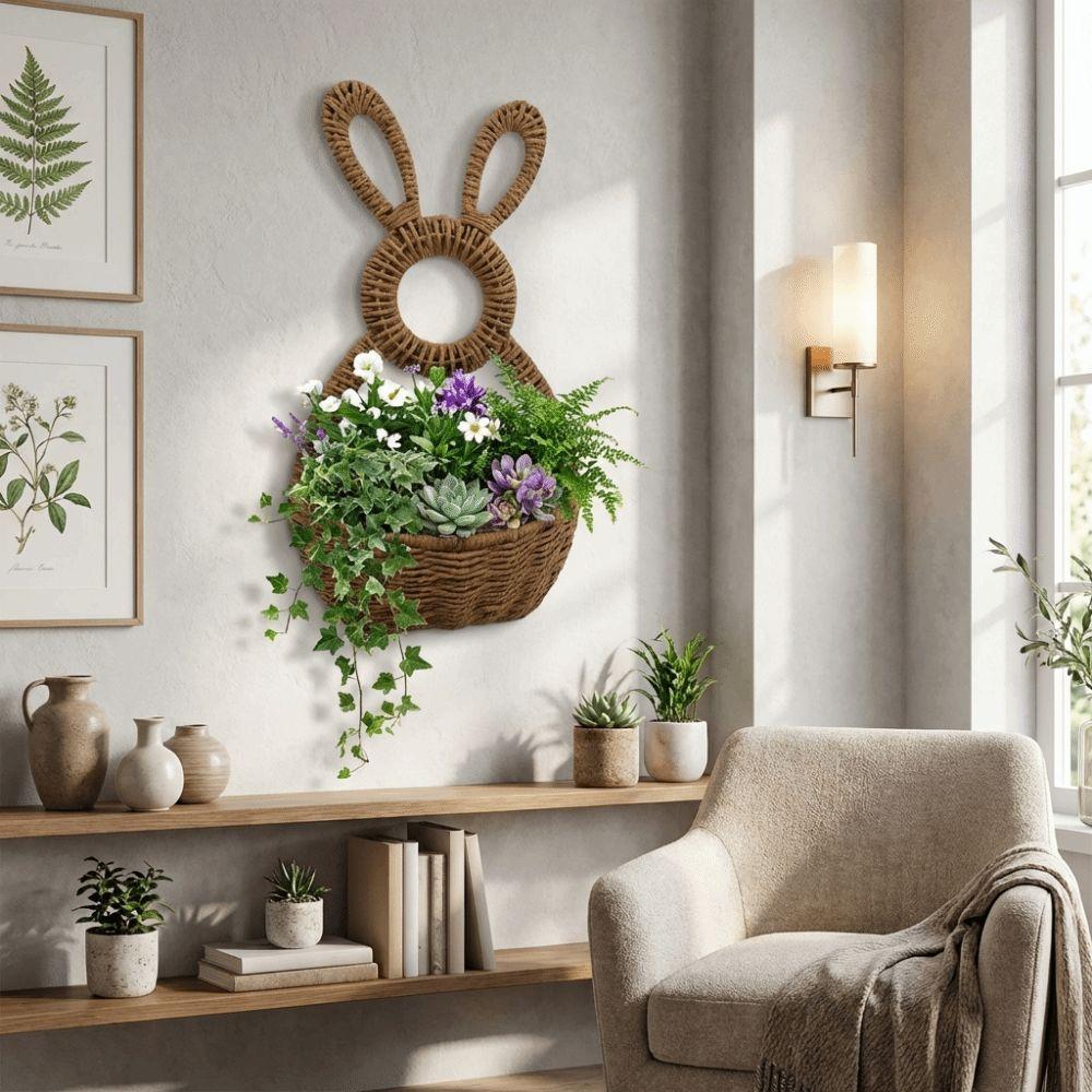 Hand Woven Bunny Flower Basket Handmade Bunny Basket Wreath Easter Bunny Basket  Wall Decoration