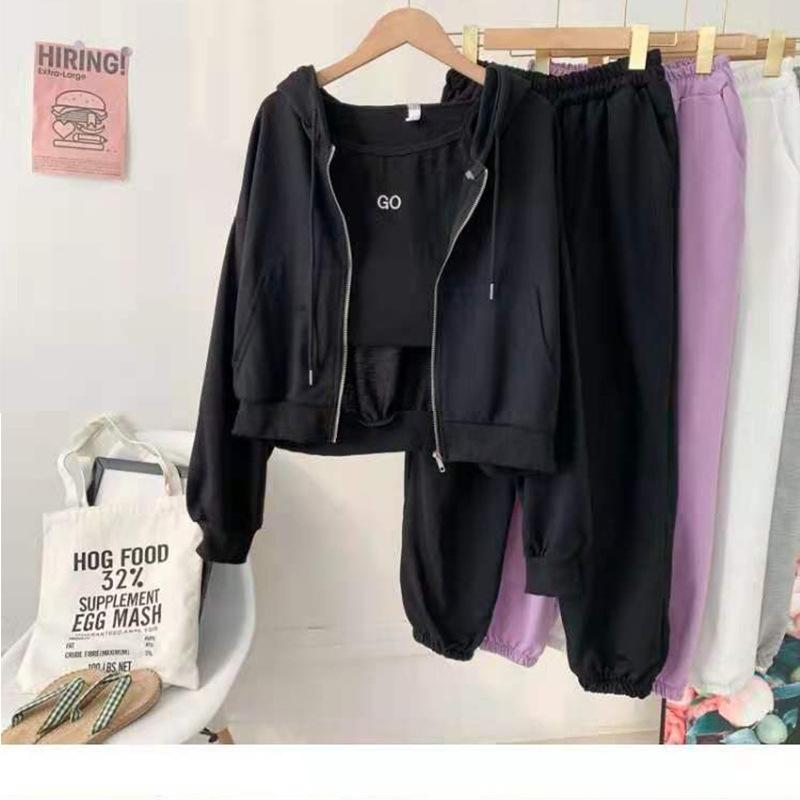 Women Spring Fall Solid Color Loose Zipper Hooded Sweatshirt Short Coat Tank Tops Casual Sweatpants Three Pieces Set Sport Suits